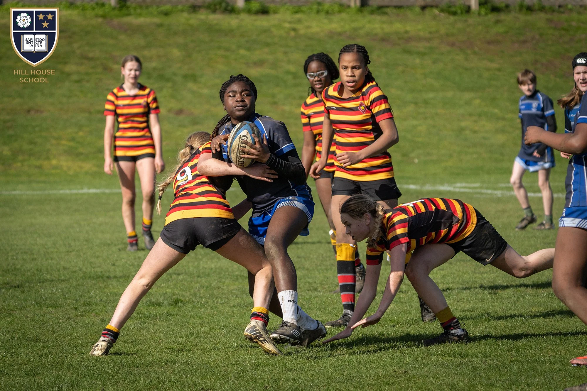 A girls' rugby game in progress on a grassy field, with players in striped jerseys, some in black shorts, and a girl holding a rugby ball, surrounded by teammates and opponents.