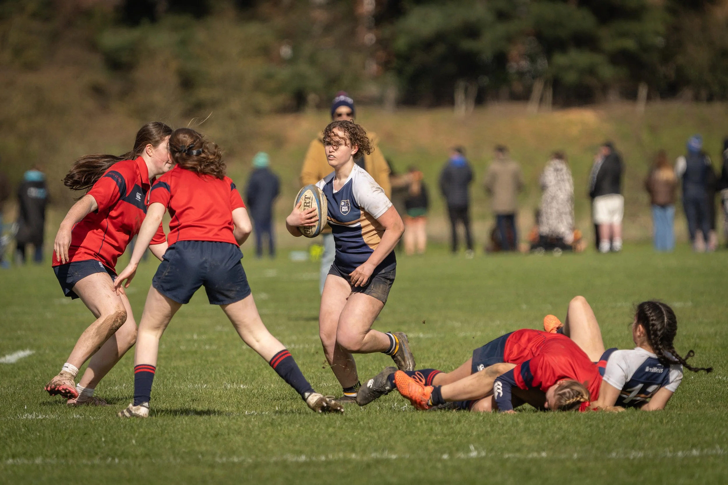 Girls playing rugby on a grassy field, some running and others on the ground, with spectators watching in the background, during daytime.