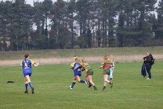 Women playing rugby on a grassy field, some in action and others standing, with trees in the background.