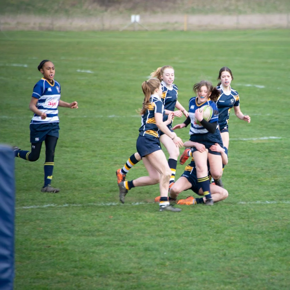 Young girls playing rugby on a grassy field, one girl is holding the ball while others are attempting to retrieve or block her.