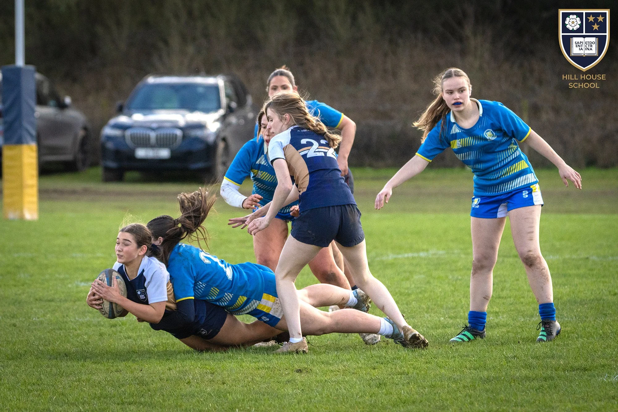 A group of young girls playing rugby on a grassy field, with some girls tackling and others running with the ball, and cars parked in the background.