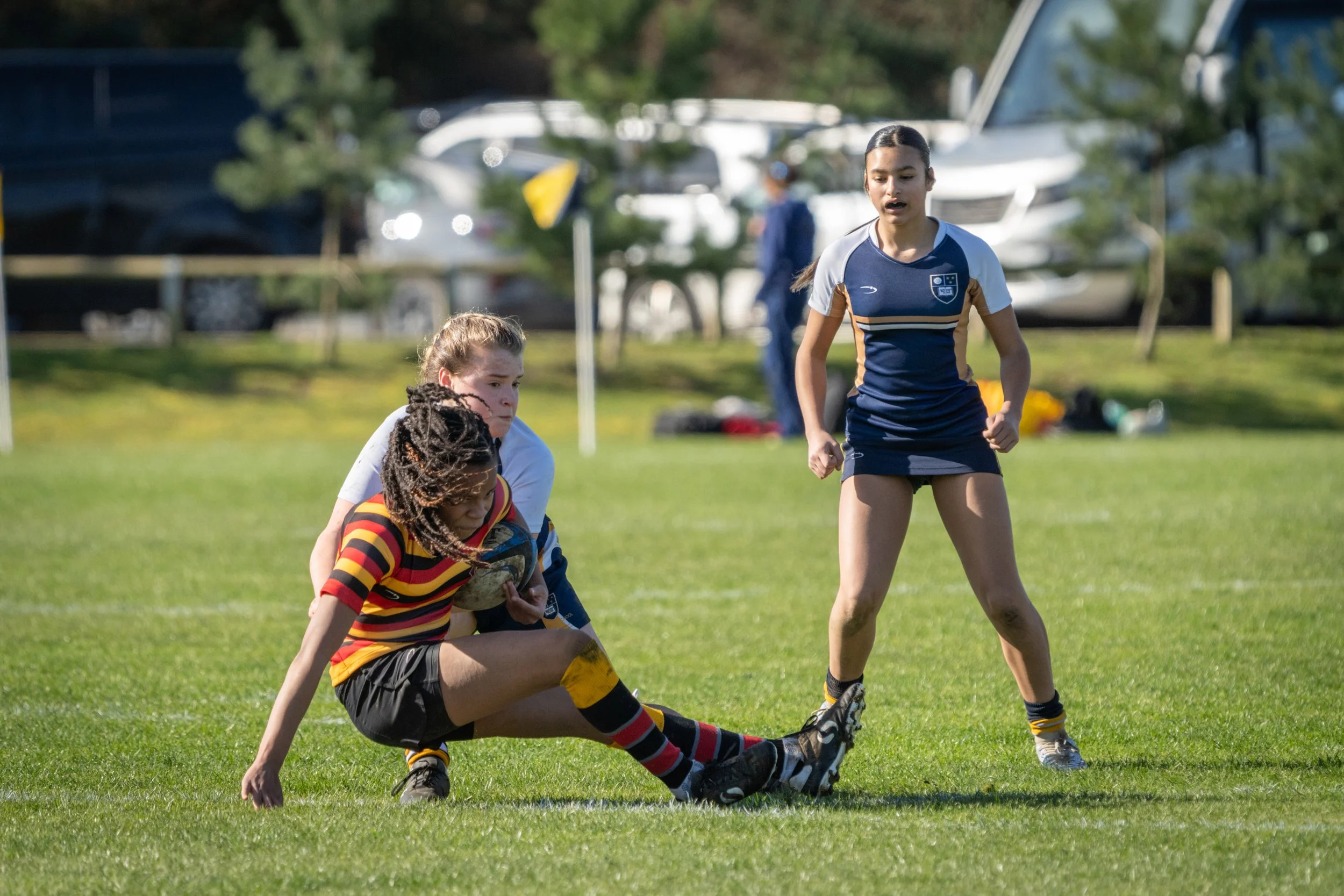 Girls playing rugby on a grassy field, one girl in a striped rugby uniform is down on the ground holding a rugby ball, another girl in a blue and white uniform standing nearby.