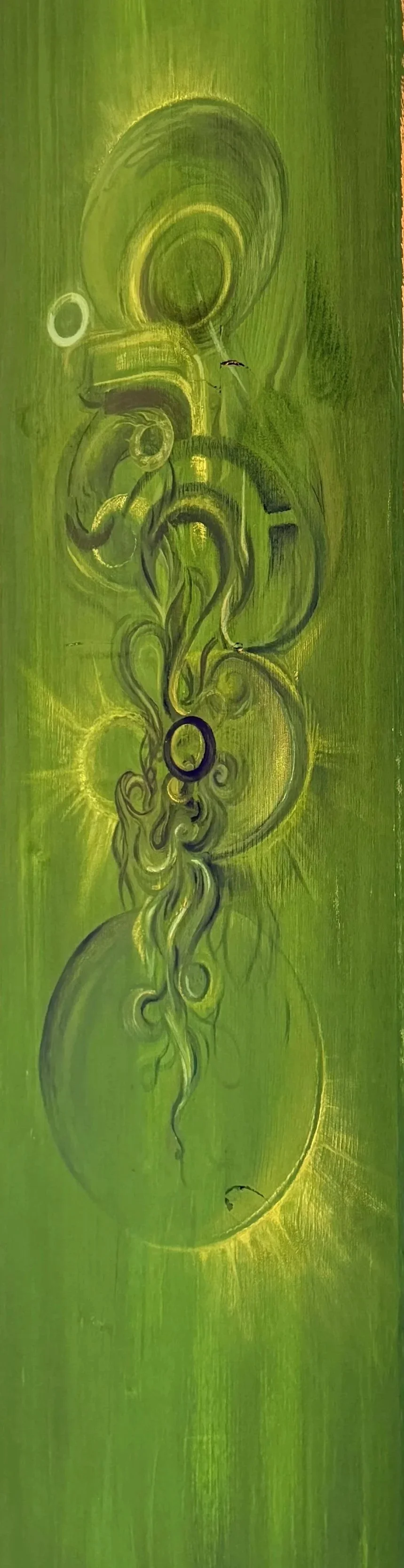 "lilith" | 2026 | Acryl auf Altholz |
Original 25 x 100 x 2 | "Lilith " als die ungezähmte weibliche Urkraft, die keine Unterordnung kennt und toxische Strukturen durch reine Präsenz sprengt. Sie ist nicht die verpönte Dämonin, sondern die schöpferis