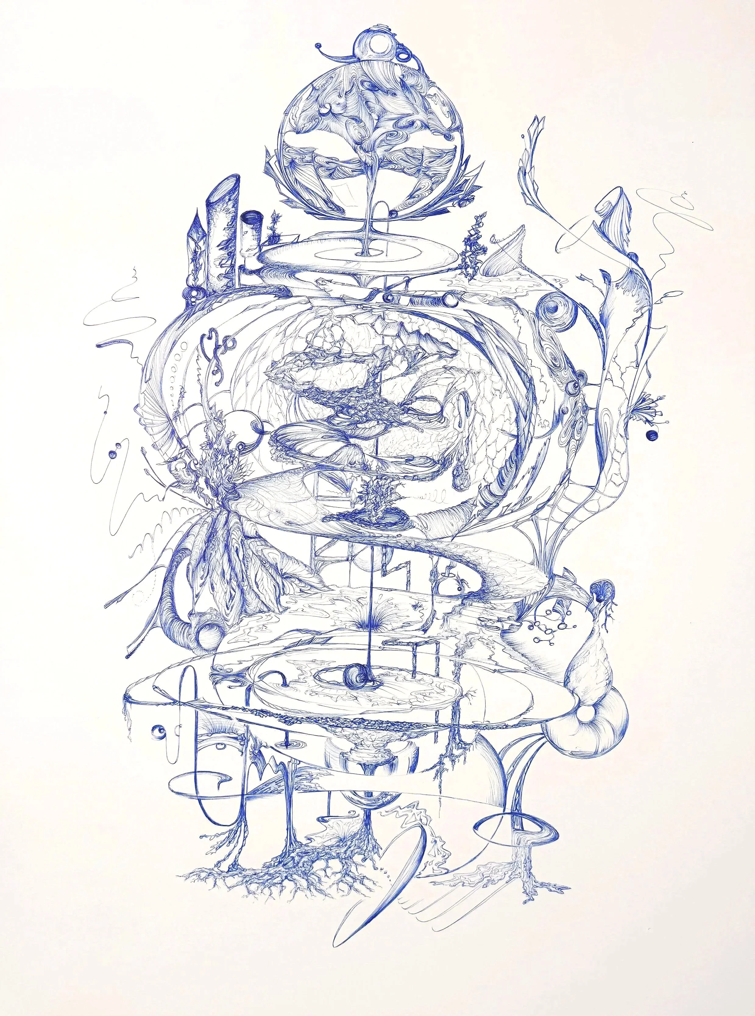 "anatomy of reality" oder "AuDHD" | 2026 | Kugelschreiber auf Papier | Original 42 x 49,4 cm | Die verschiedenen Dimensionen und Zusammenhänge der Universums. Eine Komplexität, die weiter wächst - die Spirale des Seins - der Baum des Lebens. Chaos un