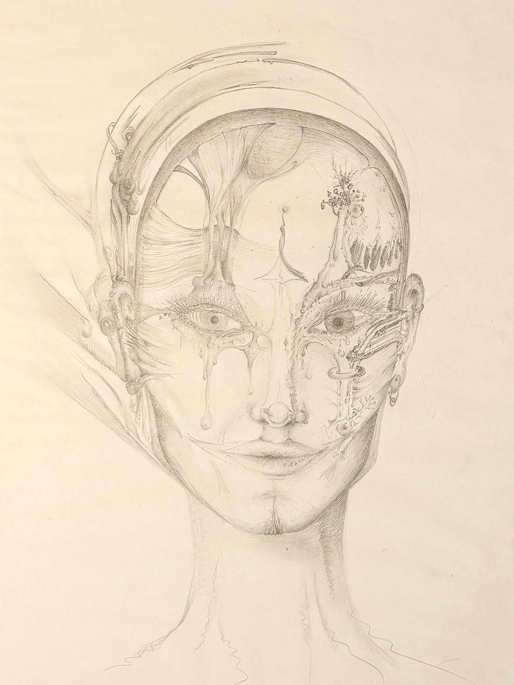 "masking" | 2022 | Bleistift auf Papier | Original 30 x 42 cm | Wir verstecken unser wahres Selbst unter vielen sozialen Masken. Diese Stapeln sich und vergraben den wahren Kern unseres eigentlichen Seins. Wir spielen uns selbst und der Welt nur allz