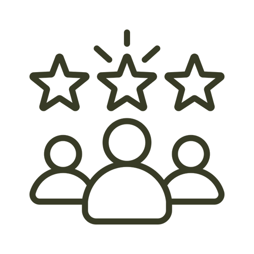 An icon of three outlined stars above three human figures, symbolizing customer reviews or ratings.
