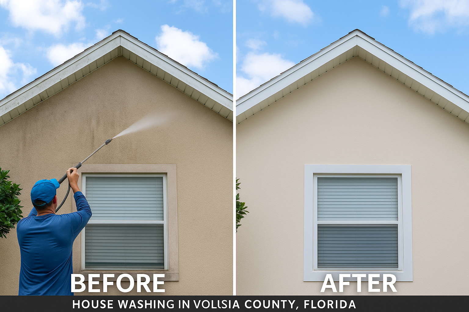 Before and after professional house pressure washing in Volusia County, Florida — exterior siding cleaned of dirt and mildew by Coats of Quality Painting, serving Daytona Beach, Port Orange, Ormond Beach, New Smyrna Beach, and Deltona
