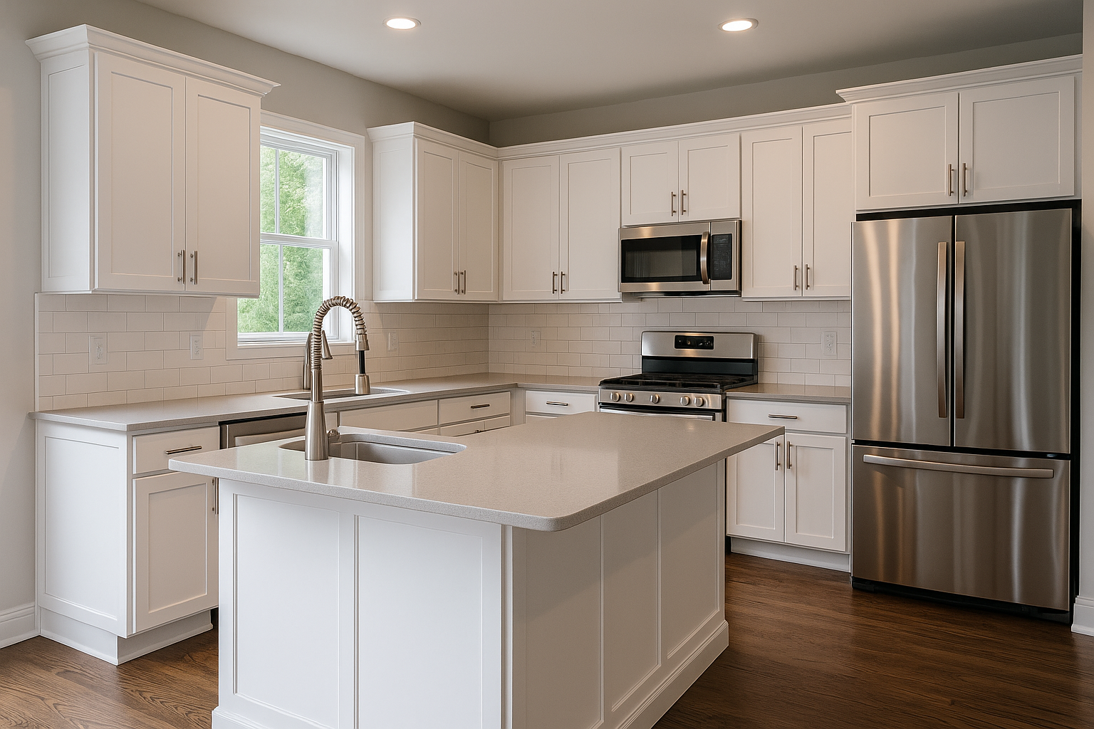 Kitchen cabinet painting in Volusia County — modern white shaker cabinets refinished with durable enamel by Coats of Quality Painting, serving Daytona Beach, Port Orange, Ormond Beach, New Smyrna Beach, and Deltona