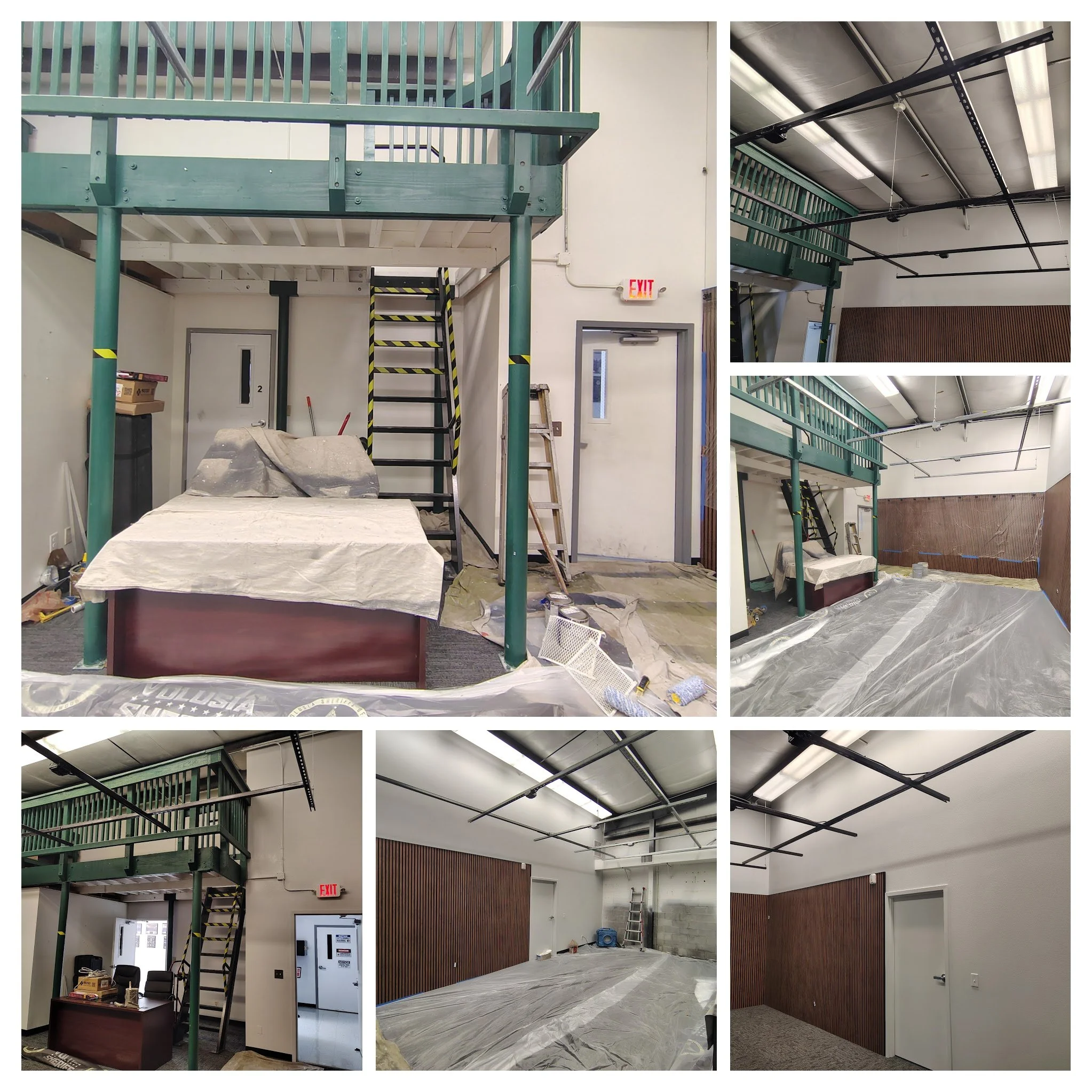 Collage of Volusia County commercial interior painting prep photos for a podcast room and SWAT hangar-style facility.