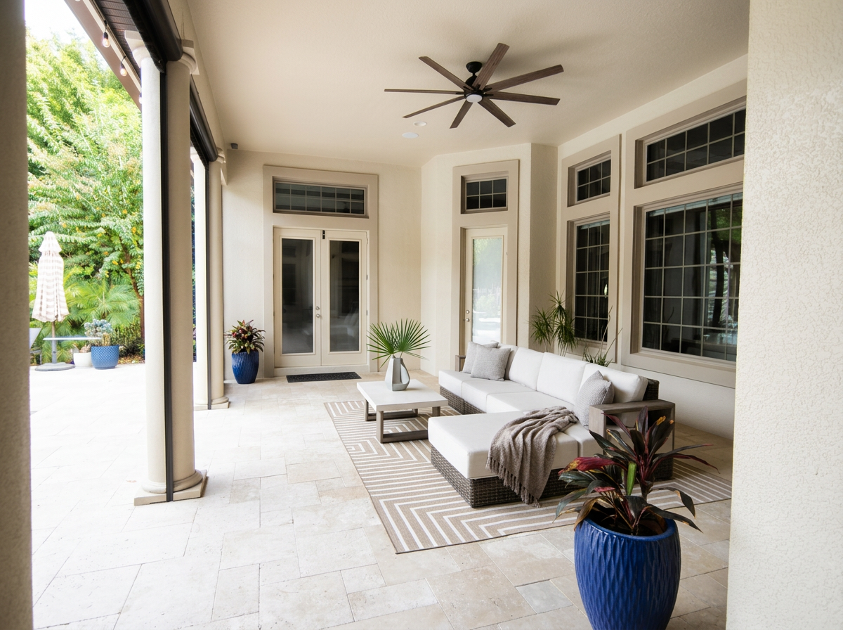 Completed covered outdoor living space following the Sanford full exterior repaint, featuring refreshed walls, ceiling, columns, window trim and doors surrounding a comfortable poolside seating area.