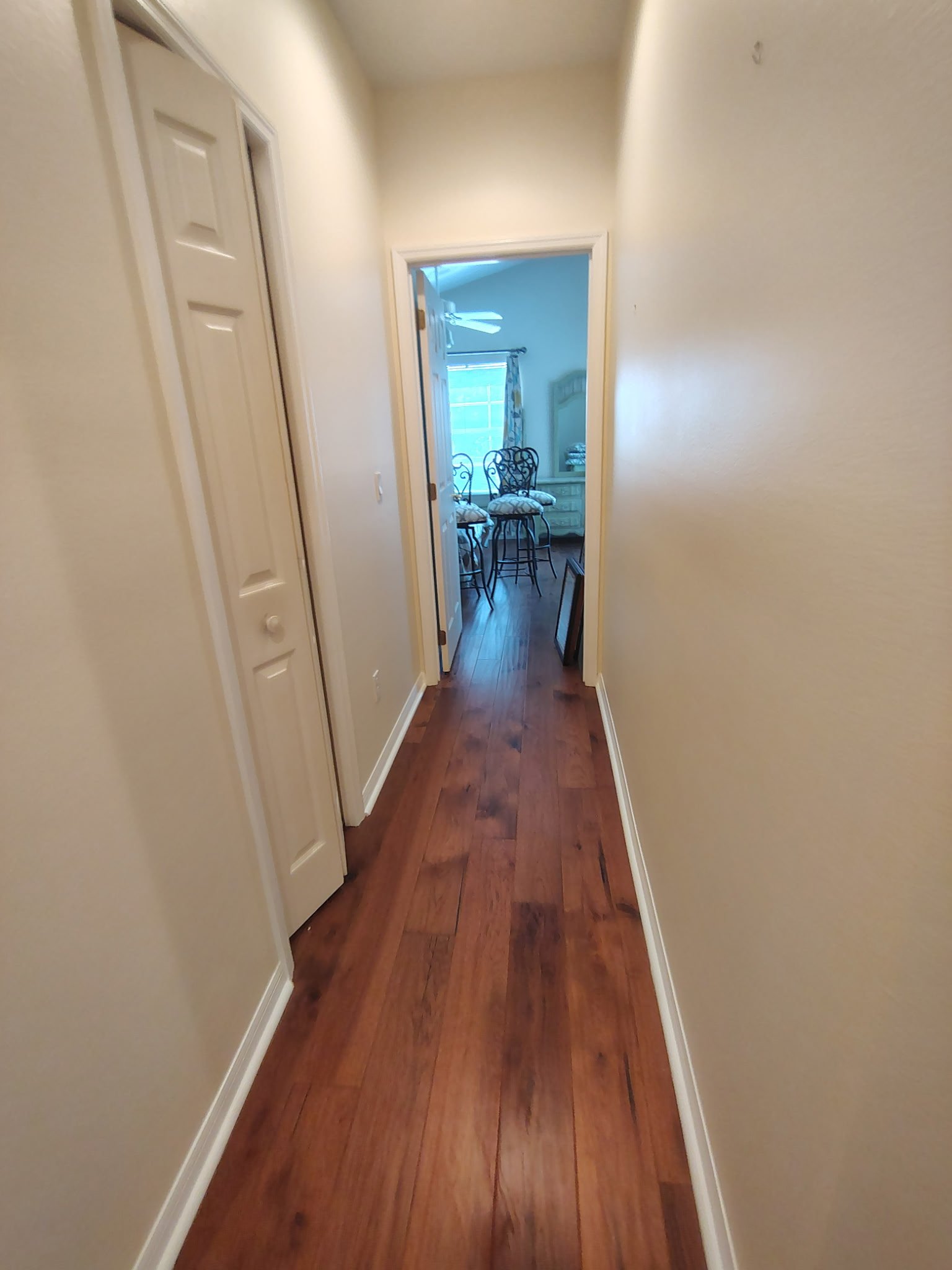 Freshly painted hallway in Universal Orlando area home with wood floors, white trim, and neutral walls.