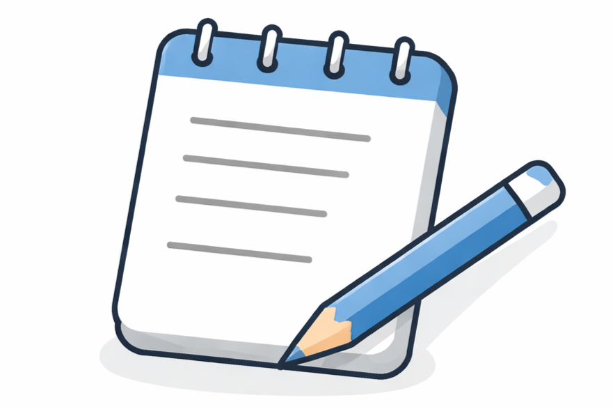 A notepad with blue binding at the top and lines for writing, accompanied by a blue pencil with a gray eraser.