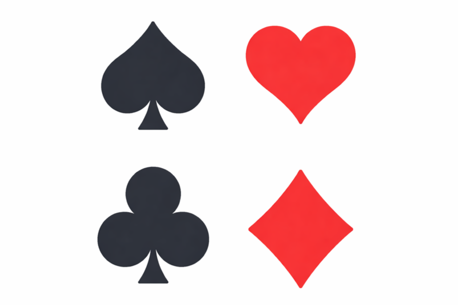Four playing card suit symbols: black spade and clover, red heart and diamond.