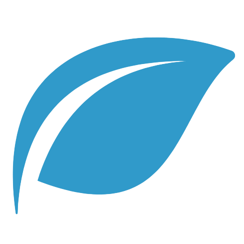 Blue leaf icon with curved shapes.