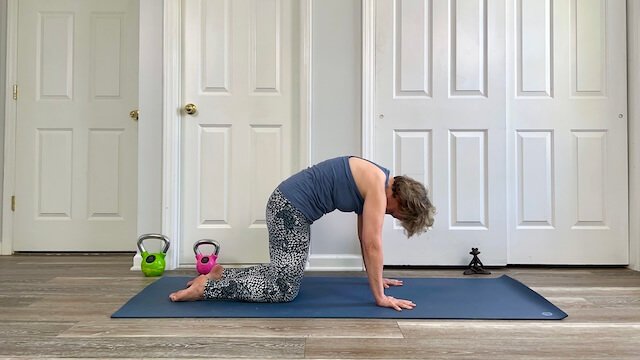 Julie Morrow practicing yoga or stretching on a blue mat in a room with white closet doors.