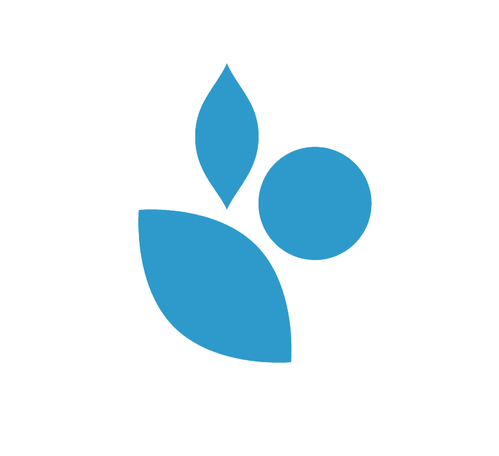 A stylized icon with a blue circle and two blue leaf shapes, one above and one to the right, on a transparent background.