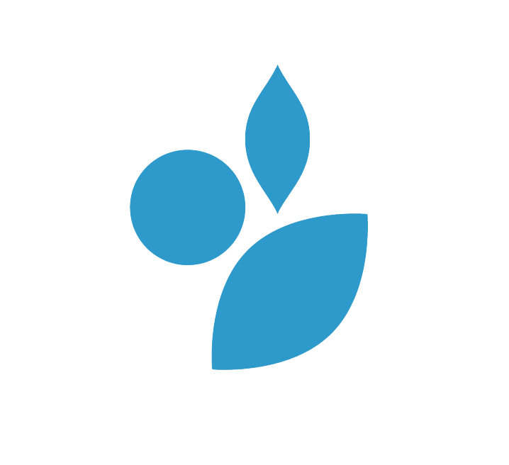 A stylized icon with a blue circle and two blue leaf shapes, one above and one to the right, on a transparent background.
