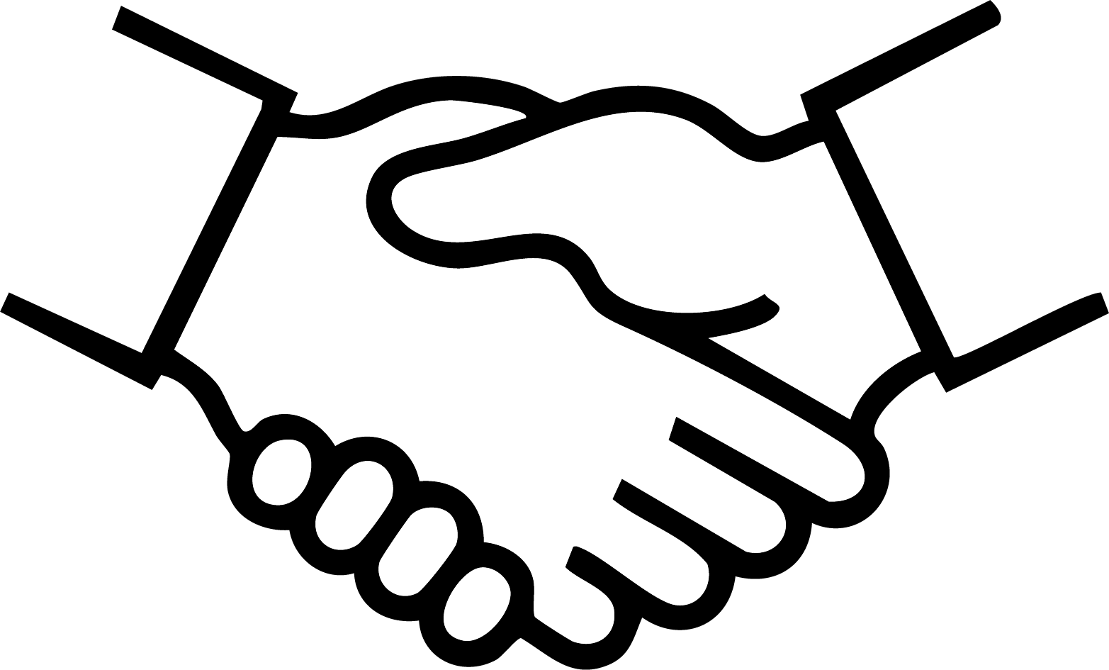 Black and white illustration of two hands shaking, representing a handshake or agreement.