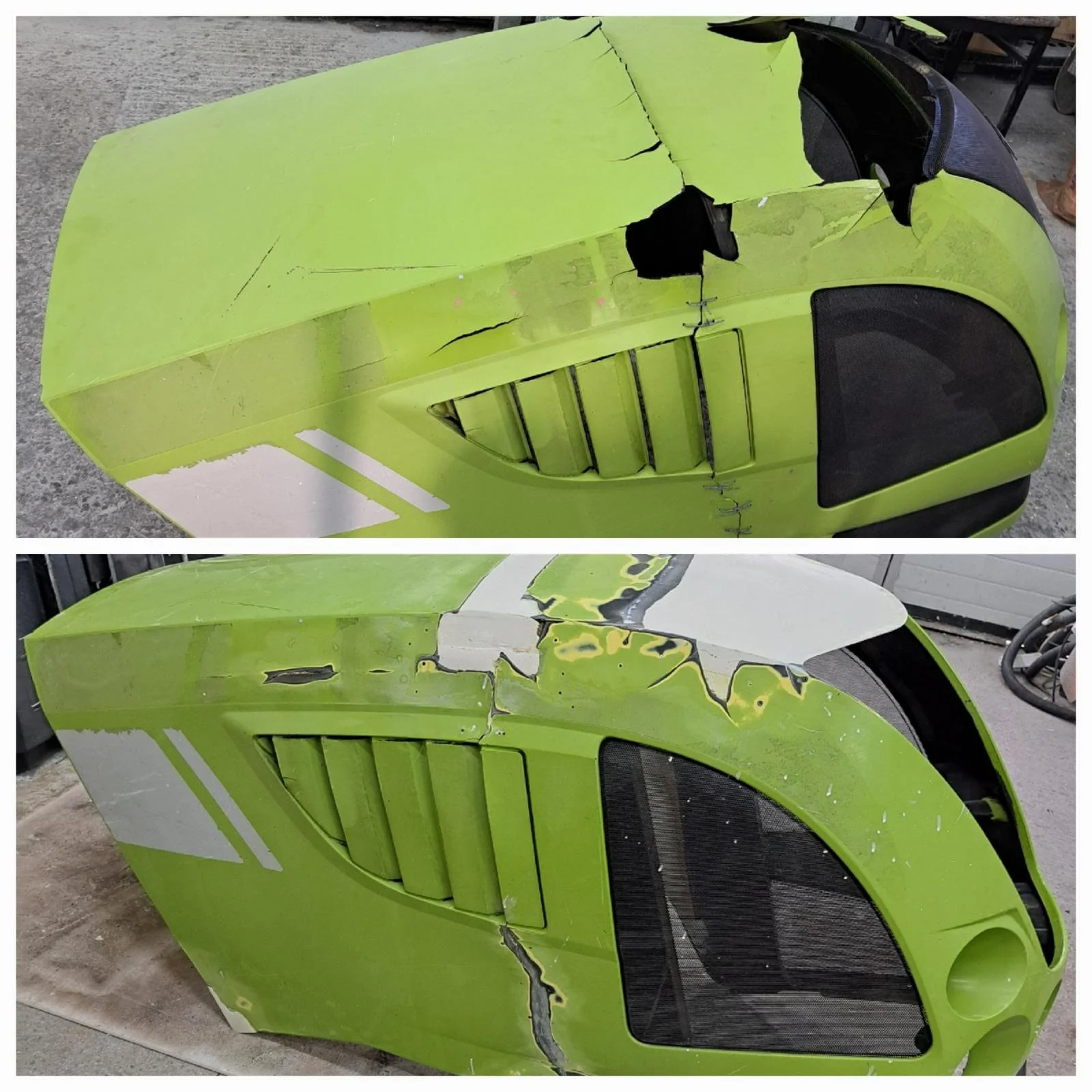 Before and after repair of a industrial vehicle part