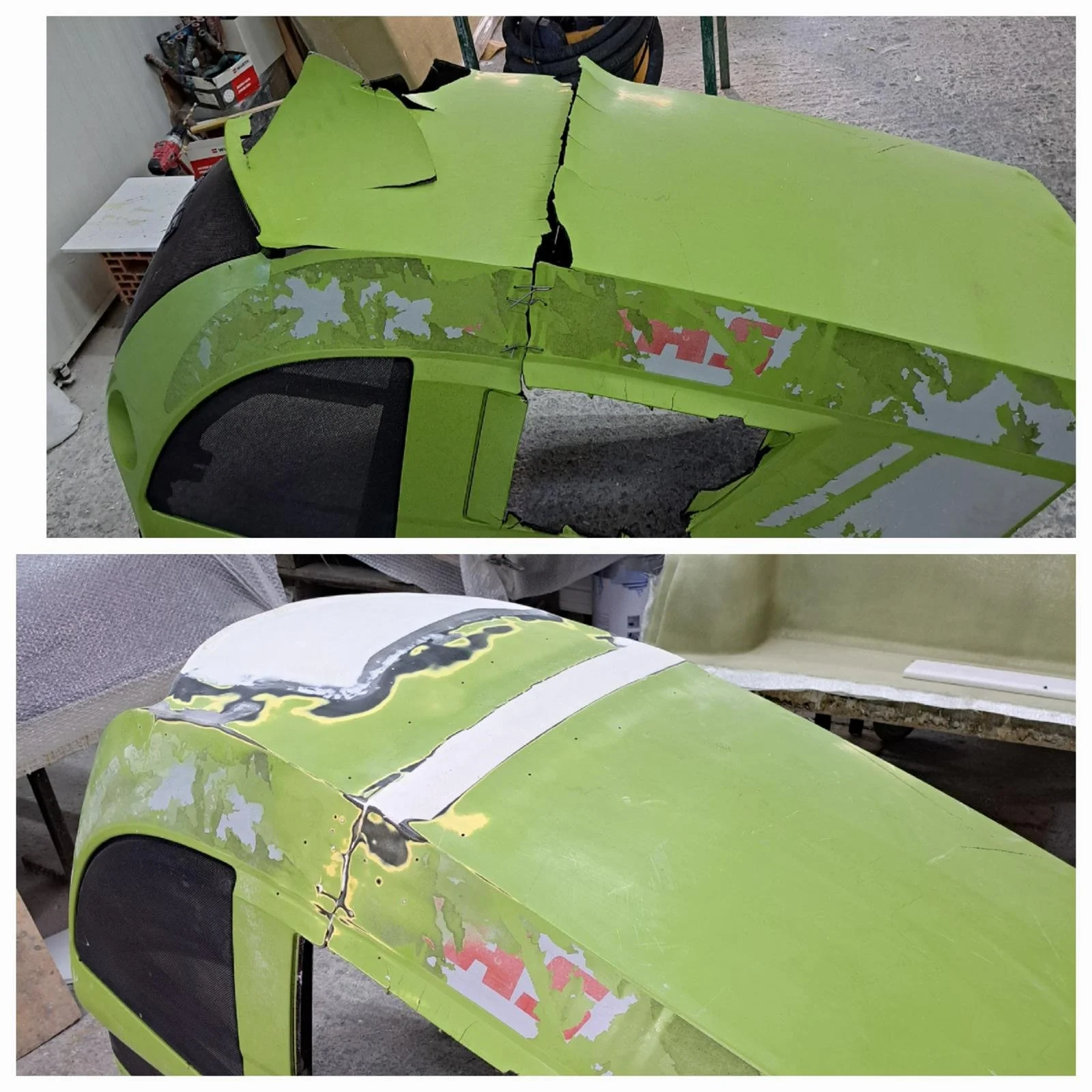 Before and after repair of a industrial vehicle part