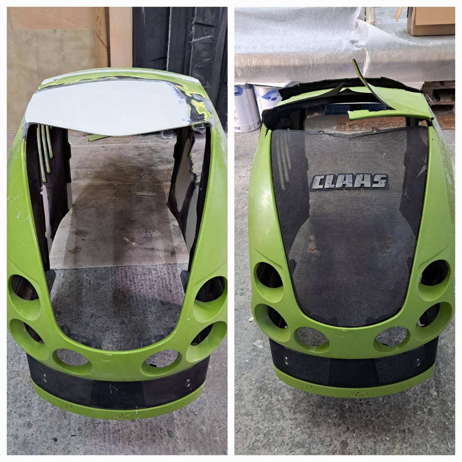 Before and after repair of a industrial vehicle part