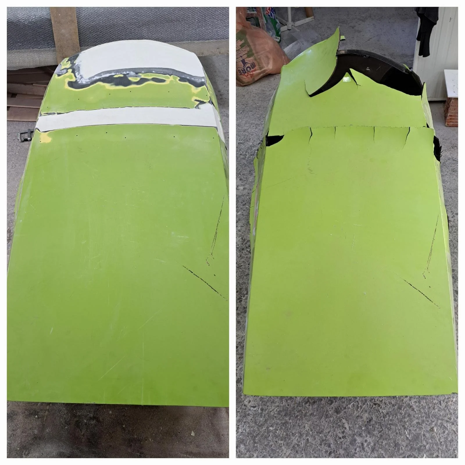 Before and after repair of a industrial vehicle part