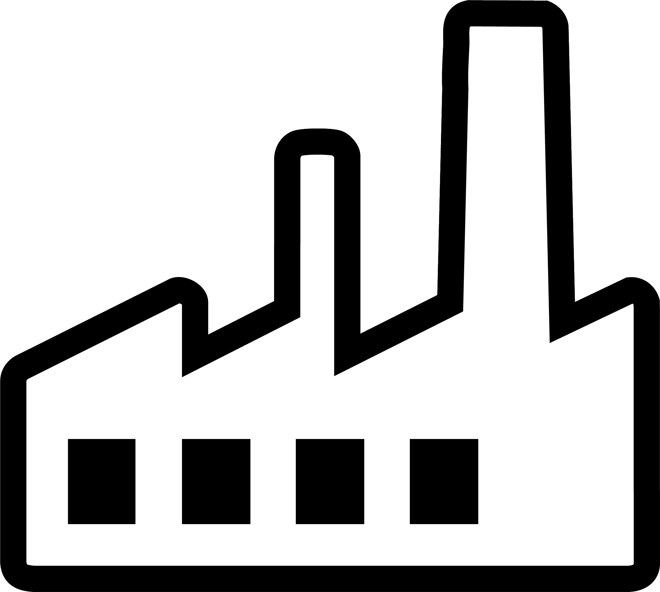 A black and white silhouette of a vintage factory with a rectangular shape, rounded edges, and speaker grilles on the sides.