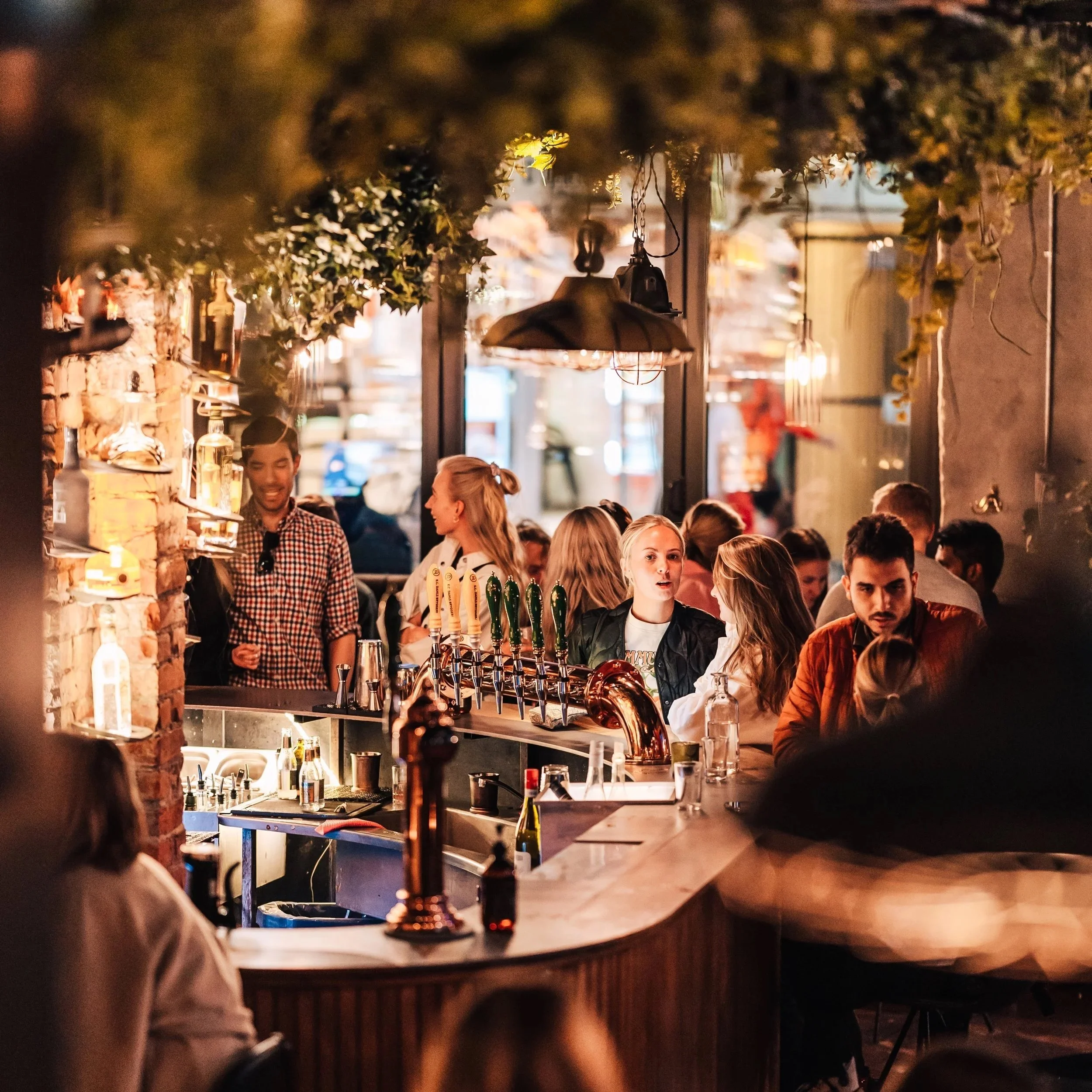 Innendørs bar med mennesker som sosialiserer og nyter drikke. Mye belysning, dekorasjoner og øl-kraner på baren.