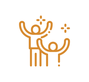 Tegning av to personer med armene i været og stjerner rundt, symboliserer feiring eller glede.