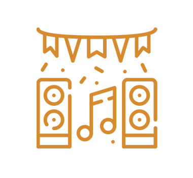 Skilt med musikknoter, høyttalere og festbannere, som indikerer musikk eller fest.