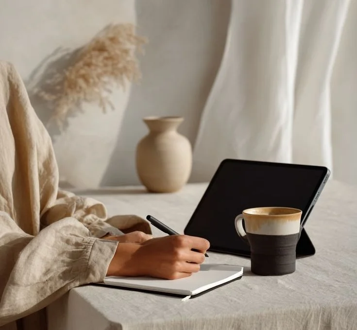 Une personne écrit sur un carnet blanc posé sur une table, avec une tablette et une tasse à café à côté, dans un décor minimaliste avec un vase beige et des éléments de décoration en arrière-plan.