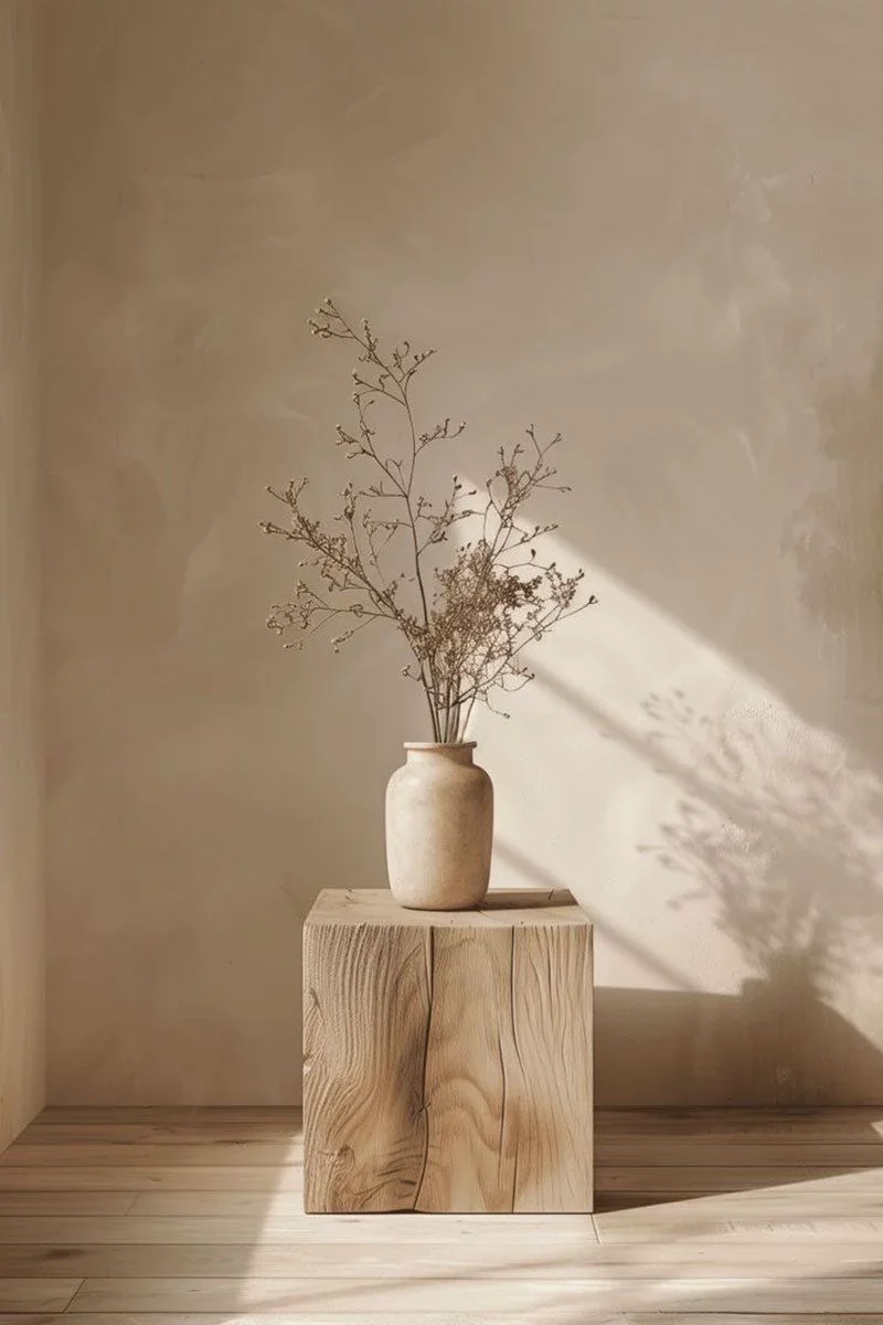 Vase en céramique beige avec des branches sèches, placé sur un cube en bois naturel dans une pièce avec mur clair et sol en bois, éclairé par la lumière naturelle.