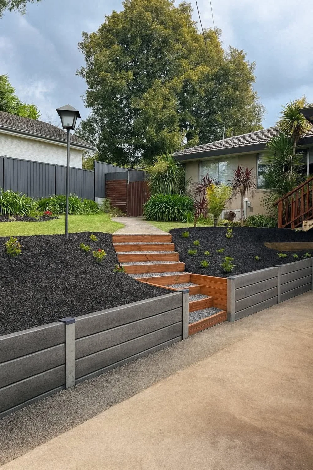 Timber steps and concrete sleeper garden walls