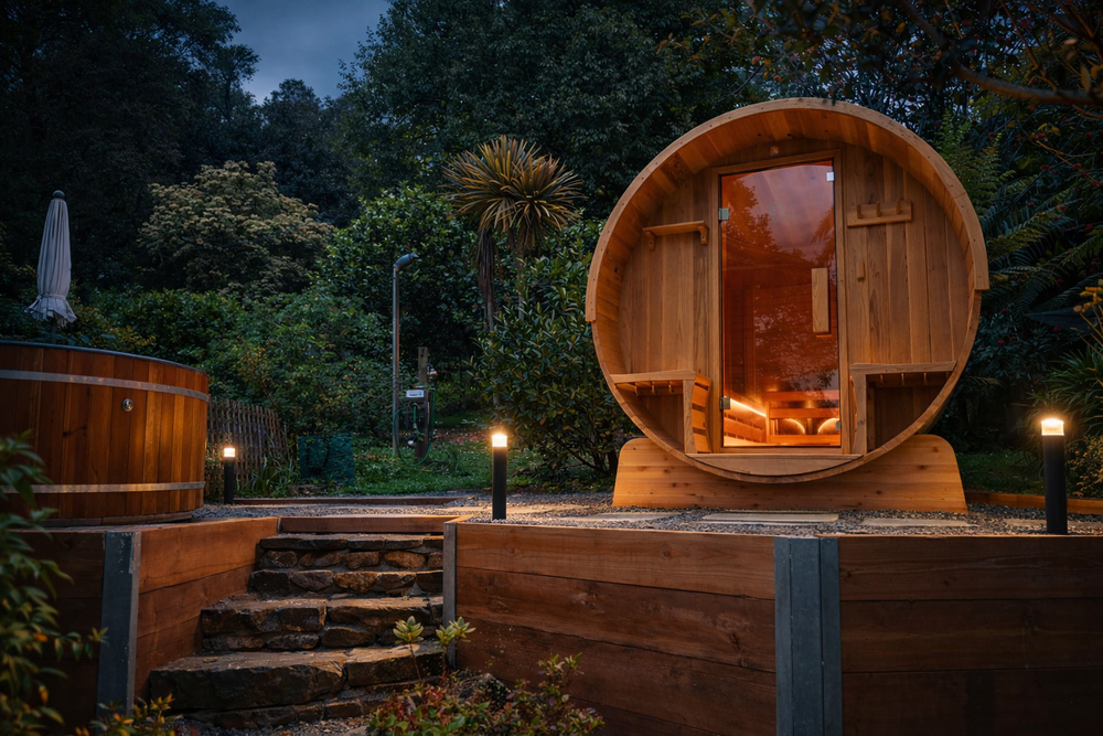 Backyard retreat with sauna, sleeper walls and stone steps