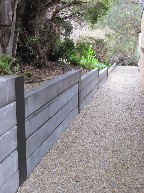 Concrete sleeper retaining wall with steel posts