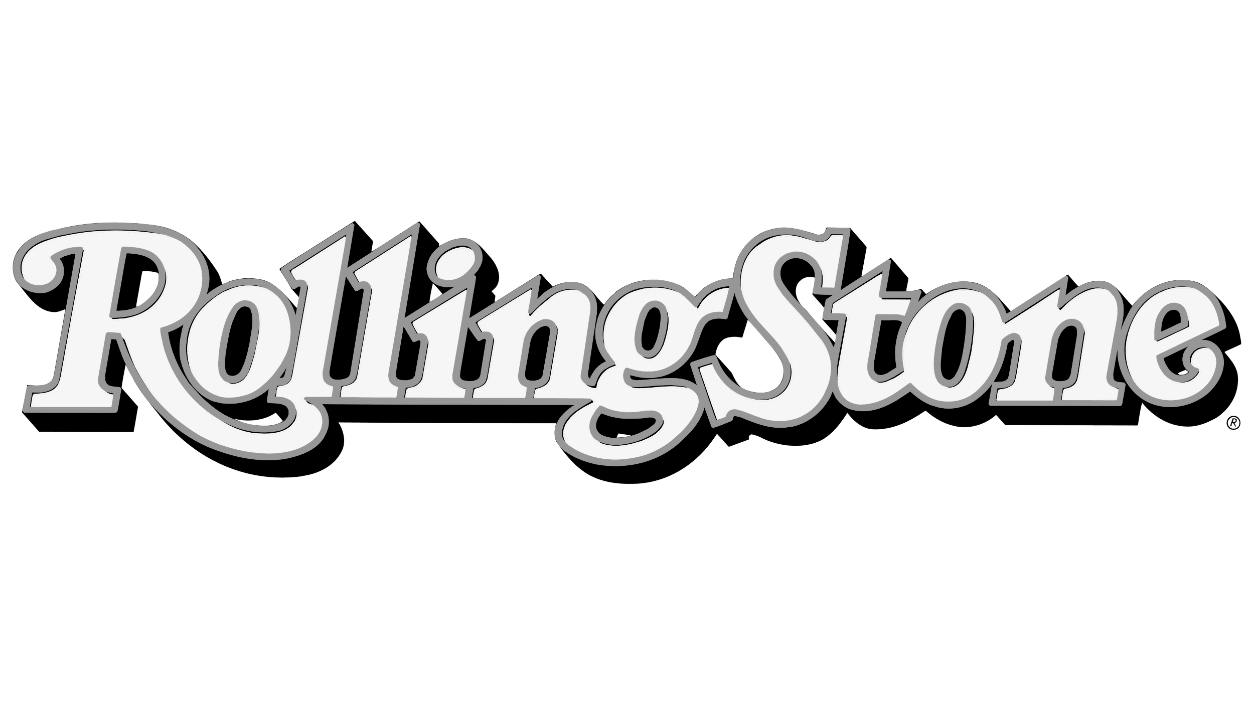 The logo of the band Rolling Stone with the words in bold red cursive font outlined in white.