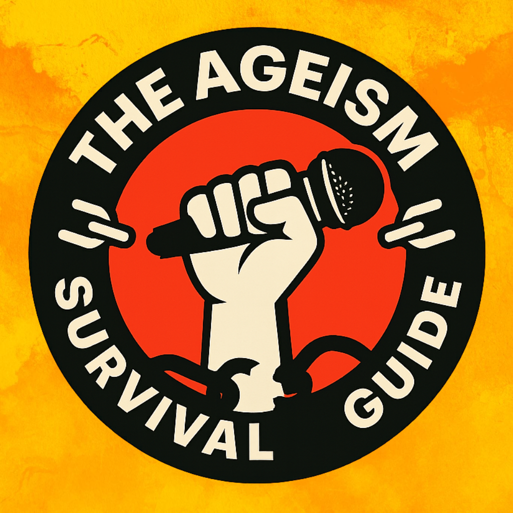 A circular logo with a yellow background, featuring a black circle with the text "The Aegis Survival Guide" around the top and bottom. In the center, a hand holding a microphone is depicted.