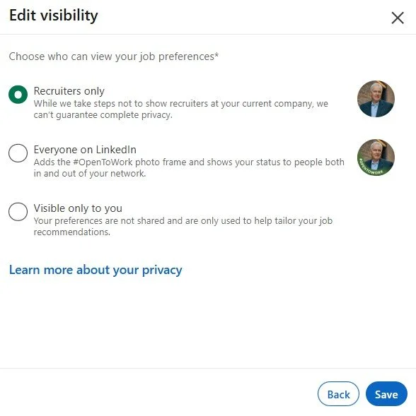 LinkedIn Open to Work Recruiter Only visibility setting