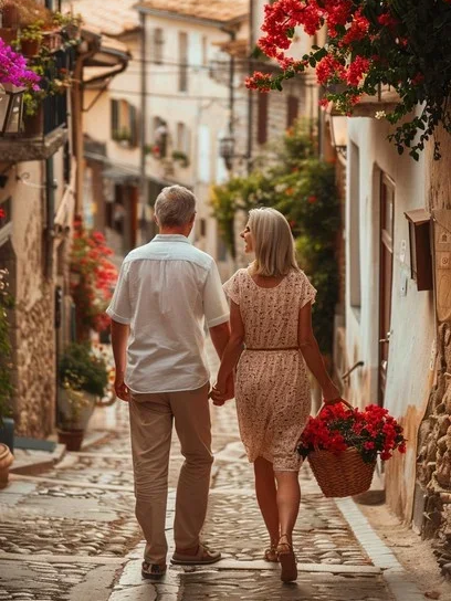 An elderly couple walking hand-in-hand down a cobblestone street in a European village, surrounded by colorful flowers and old buildings.