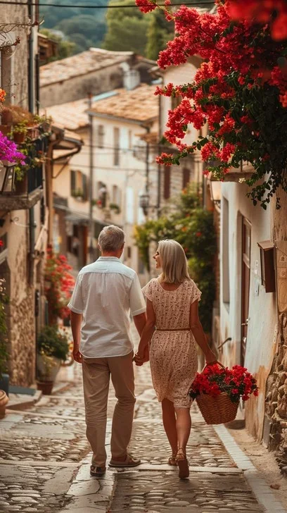 A couple walking hand in hand down a cobblestone street in a European village, with colorful flowers and buildings on either side.