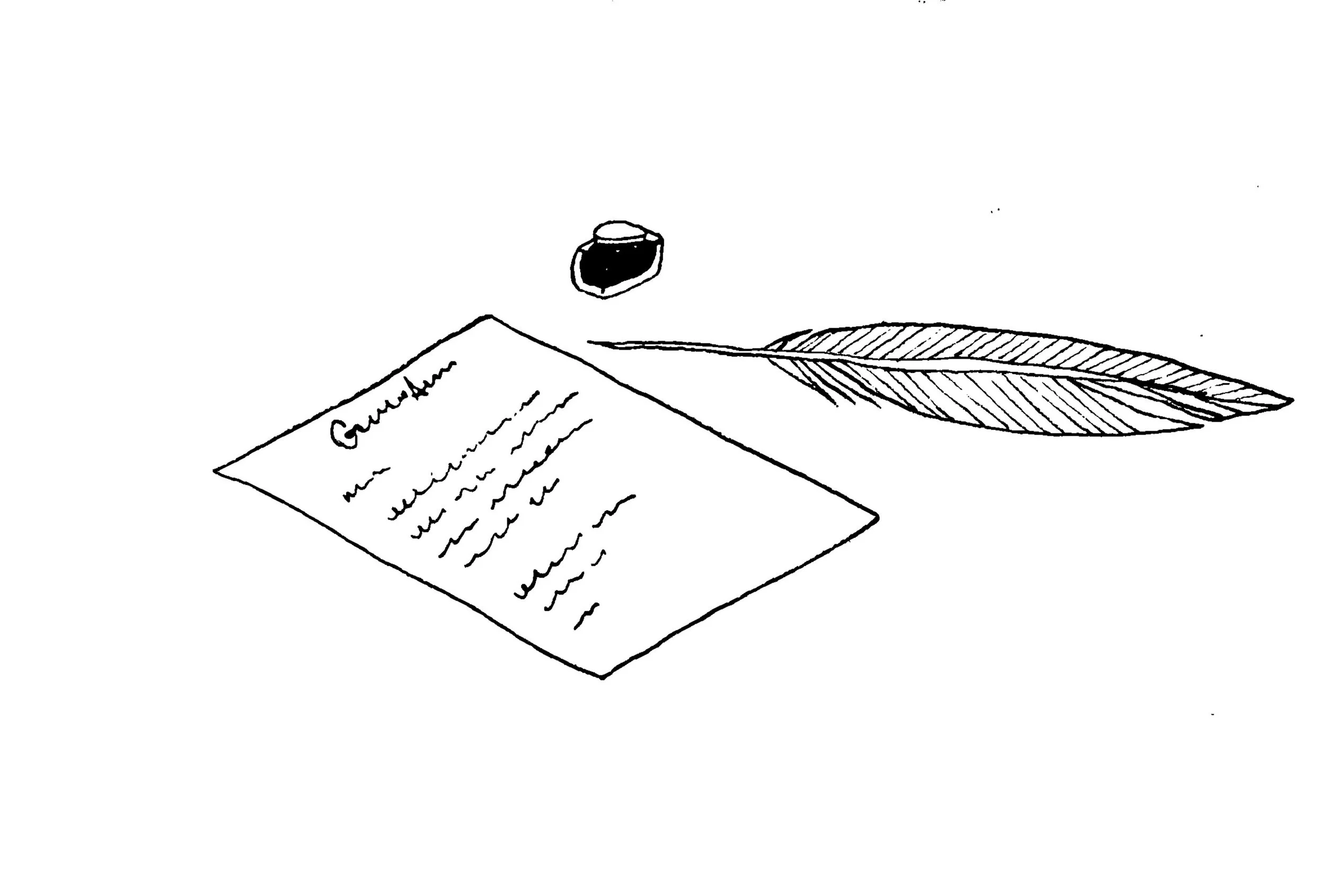 A drawing of a hand written letter with a quill and ink bottle nearby.