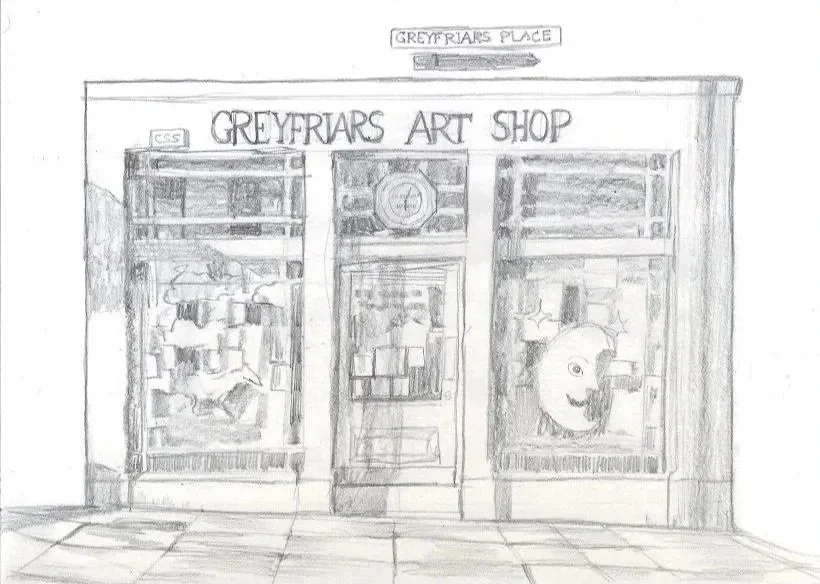 A pencil drawing of  the front of Greyfriars Art Shop on Greyfriars Place in Edinburgh's Old Town. It is at street level and the drawing includes detail of the shop's window display.