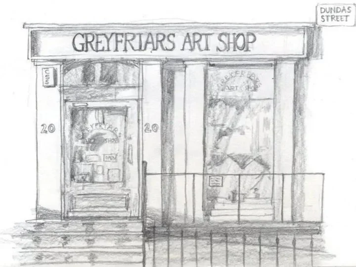 A pencil drawing of the front of Greyfriars Art Shop on Dundas Street, in Edinburgh's New Town. It is at the top of stone stairs in a Georgian building.