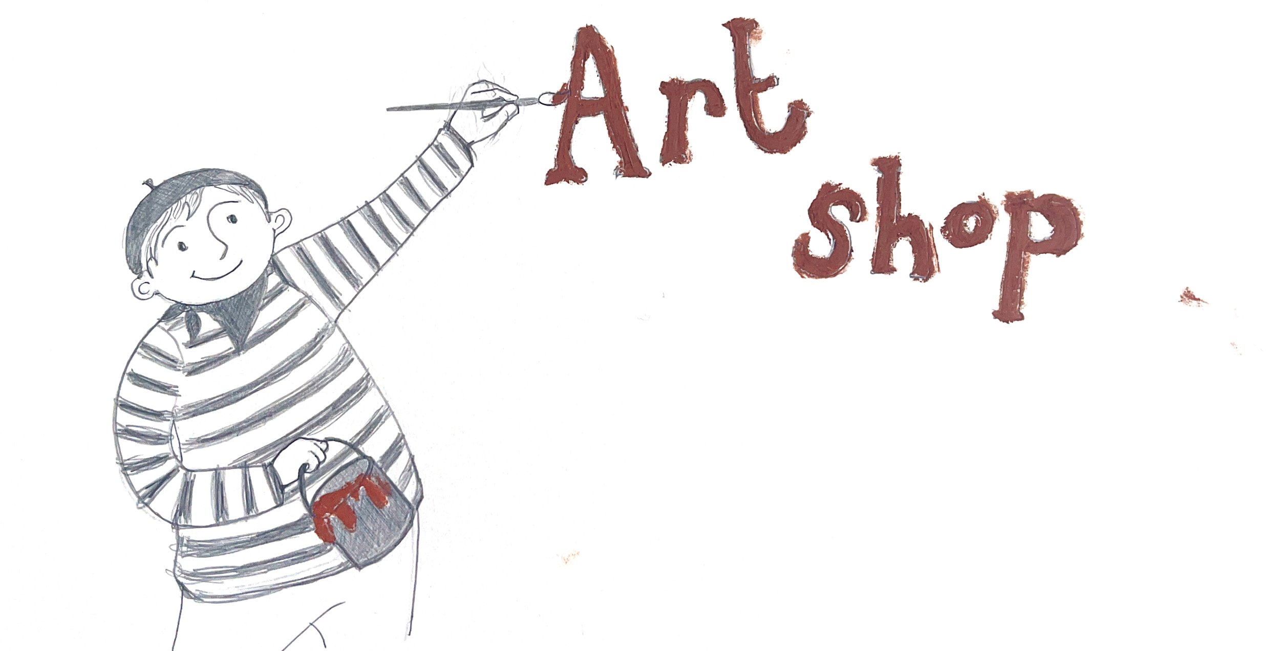 A pencil drawing of an artist in a striped shirt, holding a paint bucket and a paint brush, painting the words 'Art Shop' which is coloured in the drawing with red oil pastel.