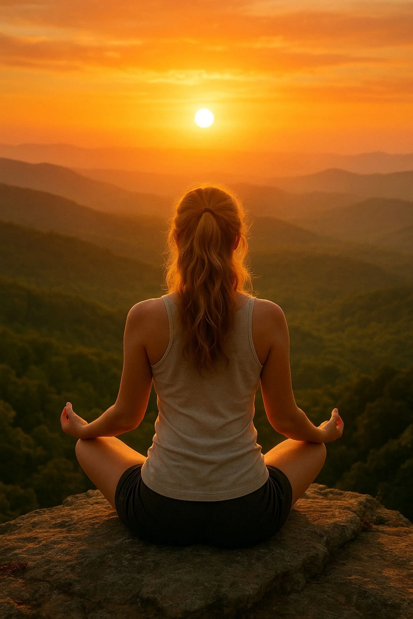 A woman practicing yoga in a seated meditative position on a rock during a sunset, with a scenic mountain landscape in the background.