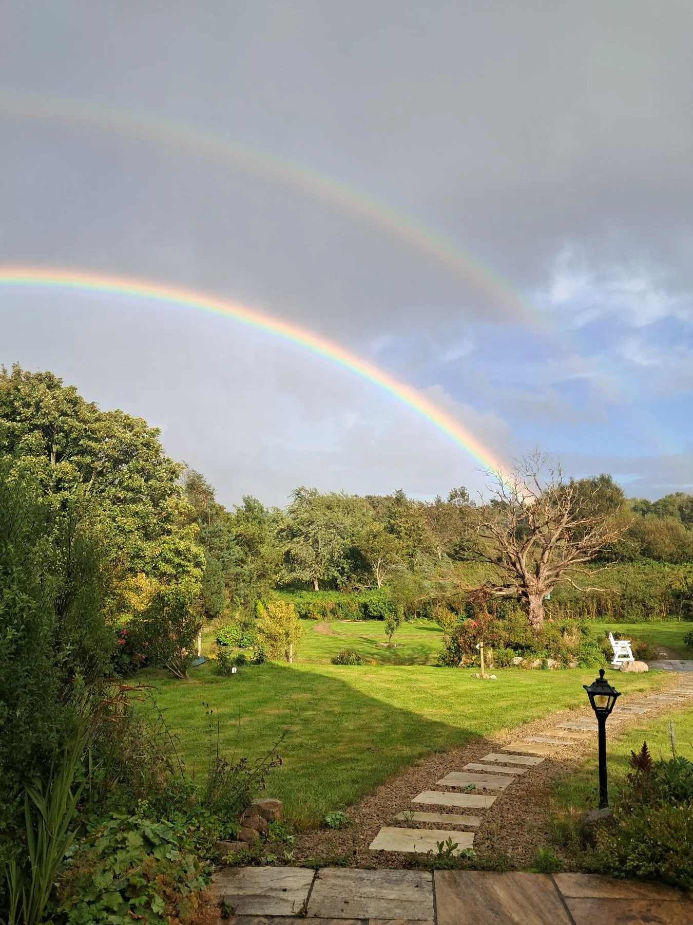 A garden with a stone pathway, green grass, trees, and a lamp post, with a rainbow appearing in the sky overhead.