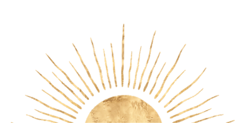 Gold-colored moon with radiating sunburst pattern against black background.