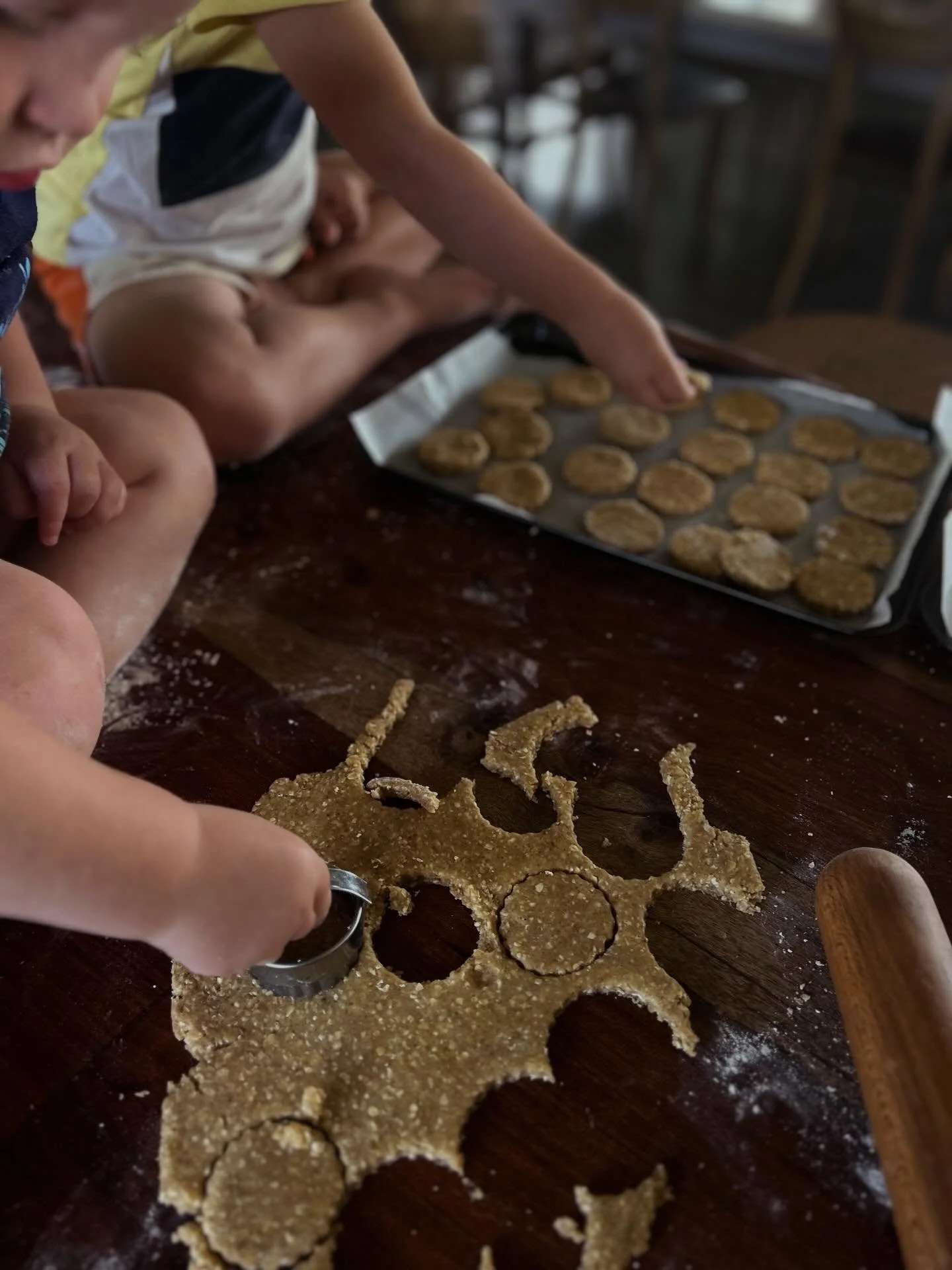 Simple oat &amp; wholemeal digestives. Made with pantry staples and the kids love them. 

Recipe:
	&bull;	1 cup wholemeal flour
	&bull;	1 cup rolled oats
	&bull;	&frac12; cup sugar
	&bull;	&frac12; tsp baking powder
	&bull;	&frac14; tsp salt
	&bull;	