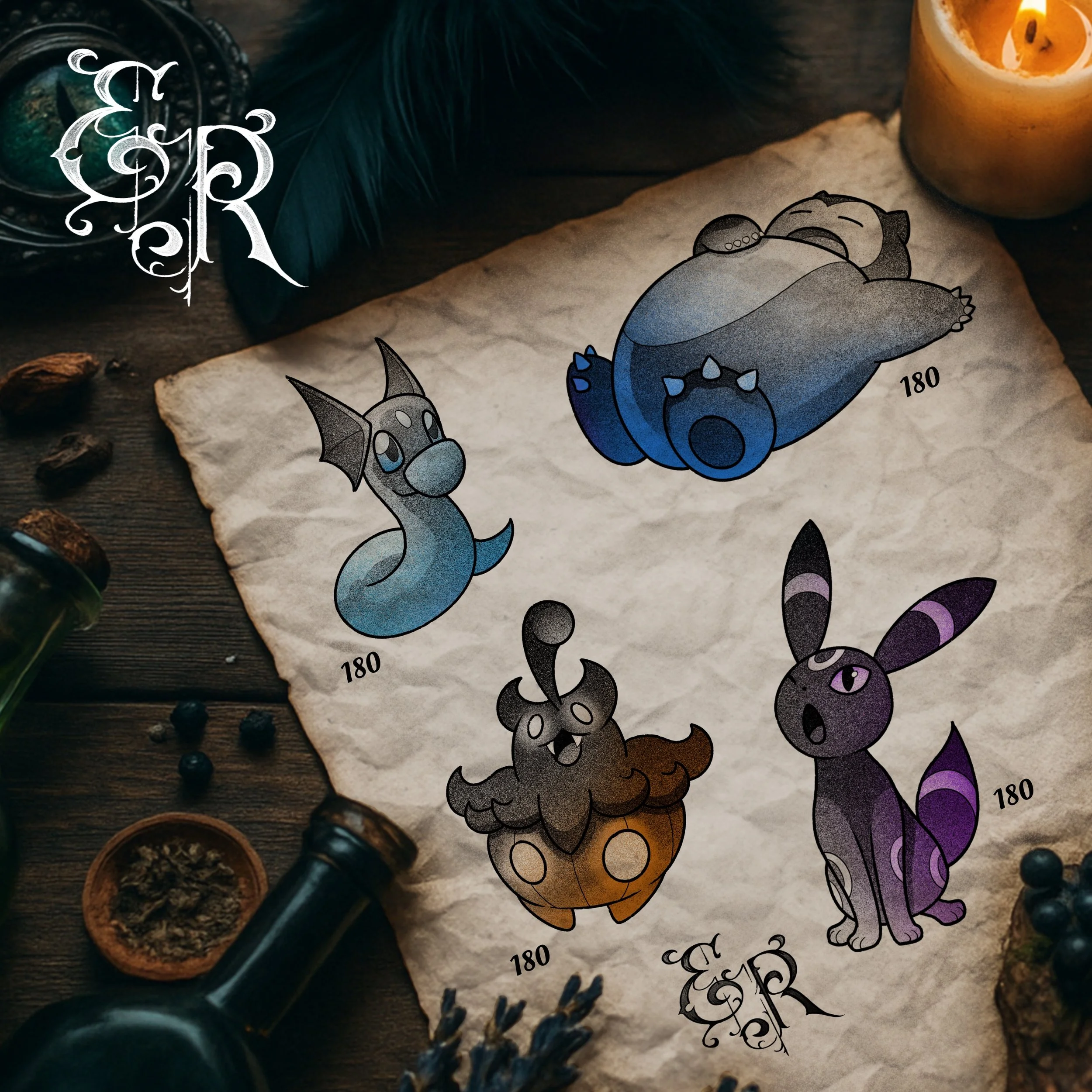 -Pokémon flash designs- pumpkaboo snorlax umbreon dratini tattoo color black grey