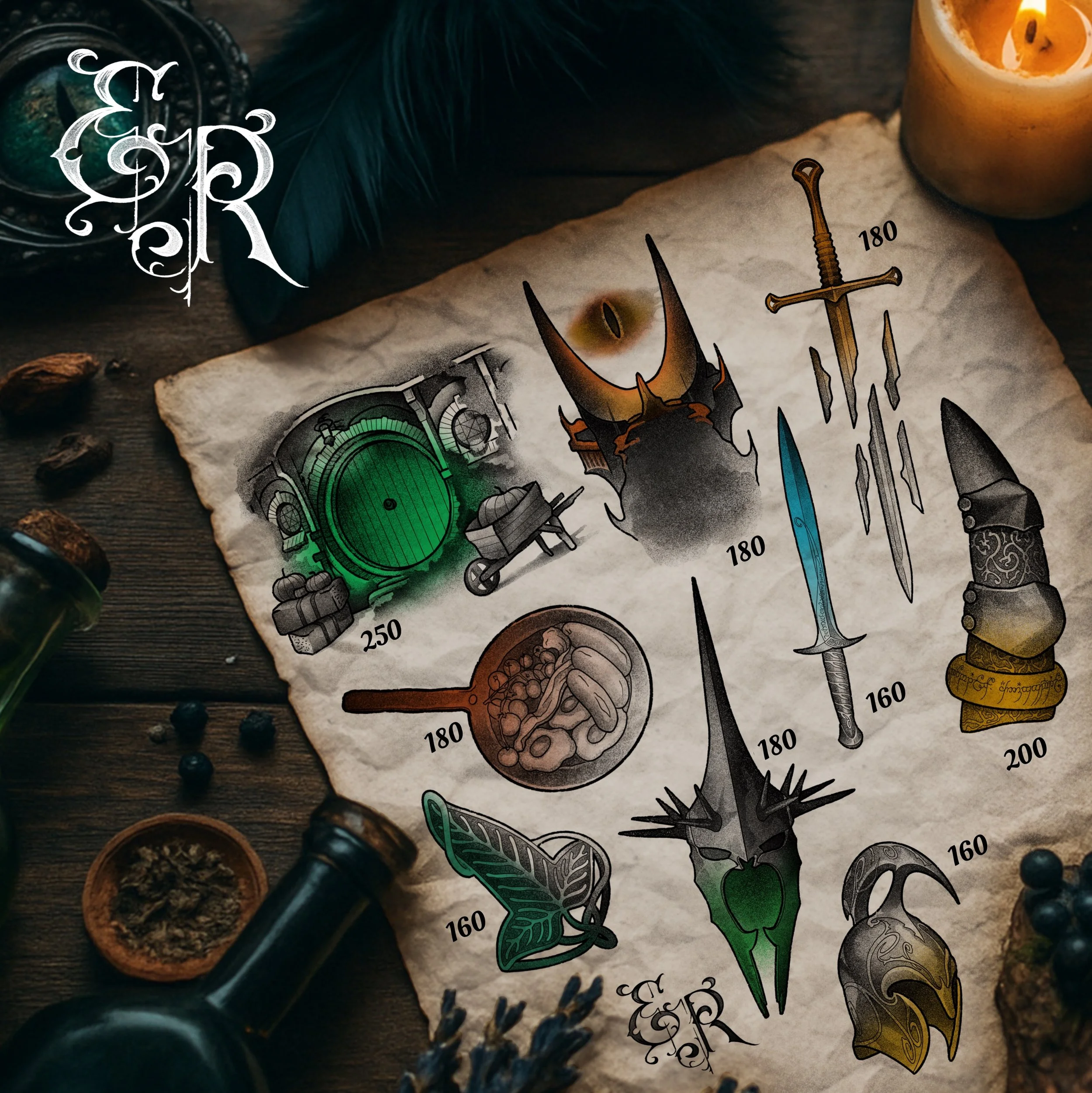-Lord of the Rings flash designs- Sauron Hobbit Elf Lorien Sausage tomato eggs Witch King Narsil Sting tattoo color black grey